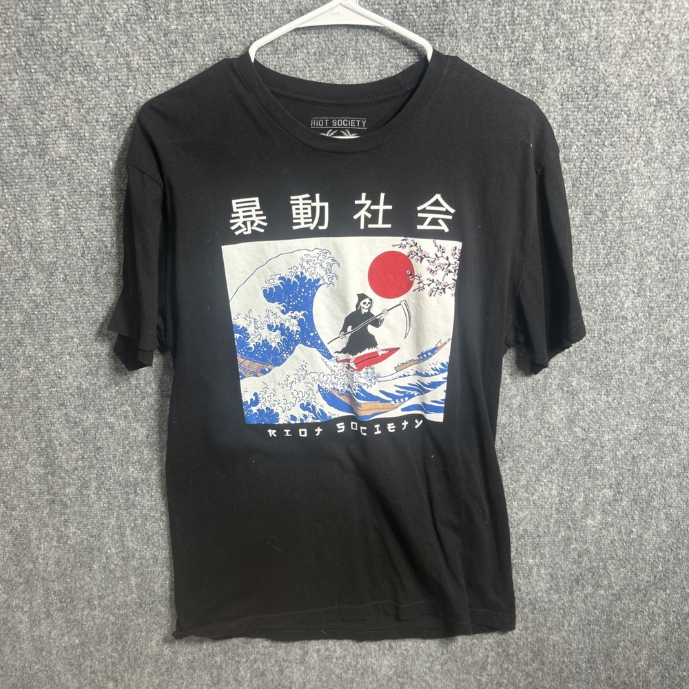 Riot Society Mens Black Medium Grim Reaper Wave Surfing Japan Graphic T-Shirt